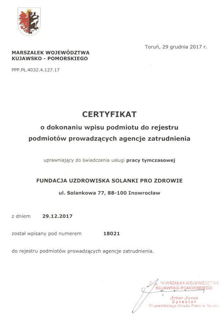 Certyfikat o dokonaniu wpisu podmiotu do rejestru podmiotów prowadzących agencie zatrudnienia